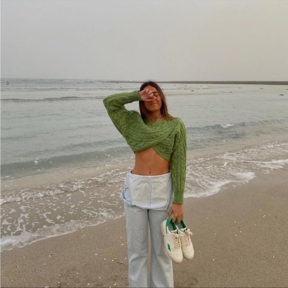 Zara Cable Knit Cropped Scarf Sweater In Green - Picture 3 of 16